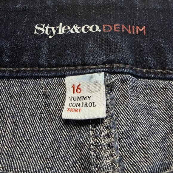 Style & Co Tummy Control Blue Jean Denim Skirt Dark Wash Back Vent Sz 16 - Picture 10 of 13